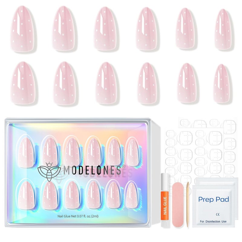 modelones Pink Valentine Press on Nails Almond, Polka Dot Short Fake Nails, Reusable Nail Kit with Nail Glue Adhesive Tabs Mini Nail File, Nails Press Ons 32Pcs 16size, Women Girl Gift ﻿ - Image 5